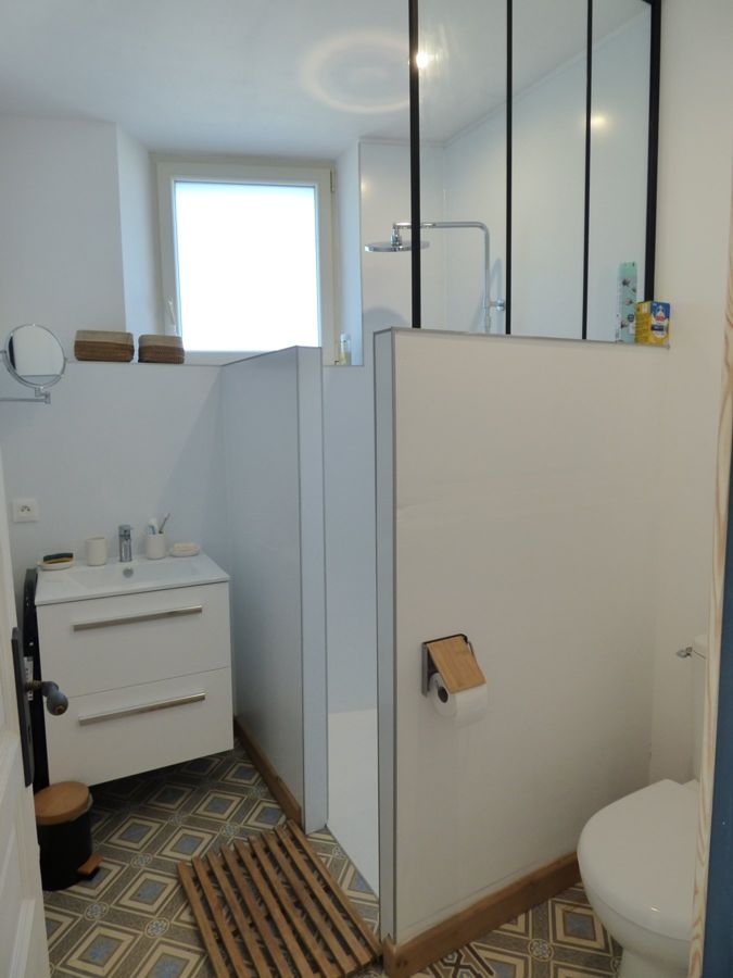Salle d'eau avec douche à l'italienne et carreaux de ciment